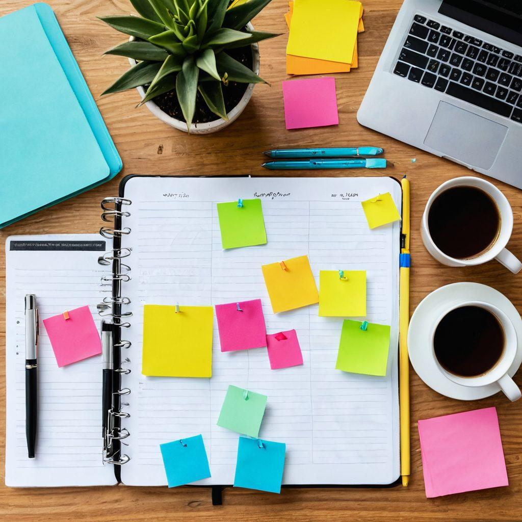 A vibrant flat lay of various bookmarking tools like digital bookmarks, colorful sticky notes, and intricate planner pages spread across a light wooden desk. Include a laptop screen displaying a visually appealing bookmarking interface, surrounded by a steaming cup of coffee and a stack of books. Add pops of color and whimsical designs to highlight the joy of organizing online favorites. bright colors. flat lay. whimsical design.