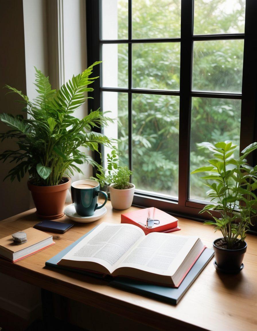 A serene workspace featuring an organized desk with neatly arranged books, bookmarks in vibrant colors, and digital devices showing bookmarking apps. Include a calm atmosphere with soft natural light pouring in through a window, plants adding freshness, and a cup of coffee to evoke a peaceful reading experience. super-realistic. vibrant colors. soft lighting.
