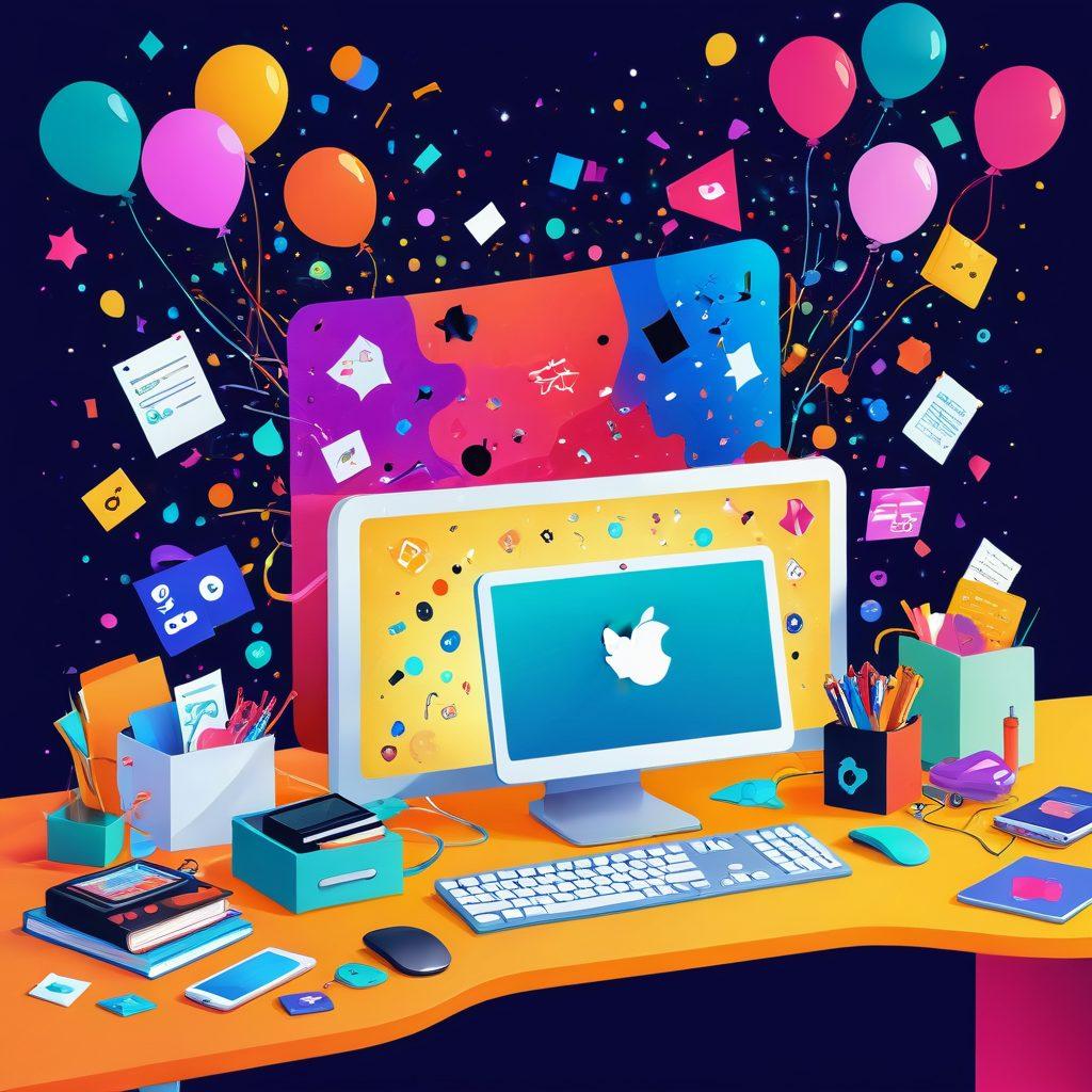 A whimsical illustration of a computer desk overflowing with colorful digital icons representing favorite online activities, surrounded by joyful elements like confetti and floating balloons. A hand is reaching toward a bright, glowing button that says 'Unlock Joy'. The scene should convey a sense of accessibility and happiness. vibrant colors. playful style. digital art.